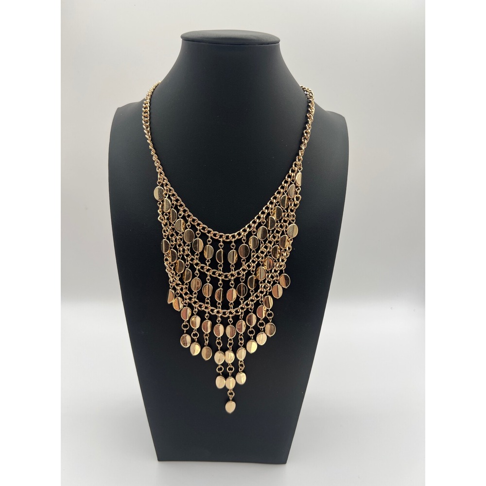 Punch Gold Tone Multi Layer Draped Disc Bib Necklace Statement Fringe Jewelry